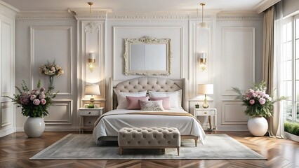 Beautiful Luxury Bedroom Interior with Elegant Wall Mockup and White Frame in 3D Visualization