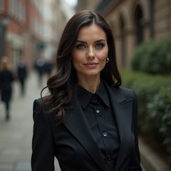 Obraz premium Confident woman in professional attire walking on a city street, embodying modern business elegance. Ideal for corporate, fashion, and lifestyle themes.