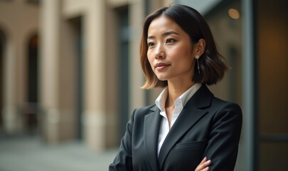 Confident businesswoman in a suit, poised and ready for success. Ideal for corporate branding, professional services, and leadership themes.