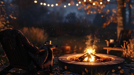 A cozy autumn evening around a fire pit with guests wrapped in blankets, sipping hot cocoa under the stars.