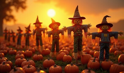 A captivating autumn scene featuring scarecrows in a pumpkin field at sunset, perfect for seasonal marketing materials, Halloween events, and agricultural themes.