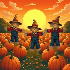 Fototapeta premium Three cheerful scarecrows stand in a pumpkin field at sunset, creating a whimsical autumn scene, perfect for harvest-themed designs or seasonal promotions.
