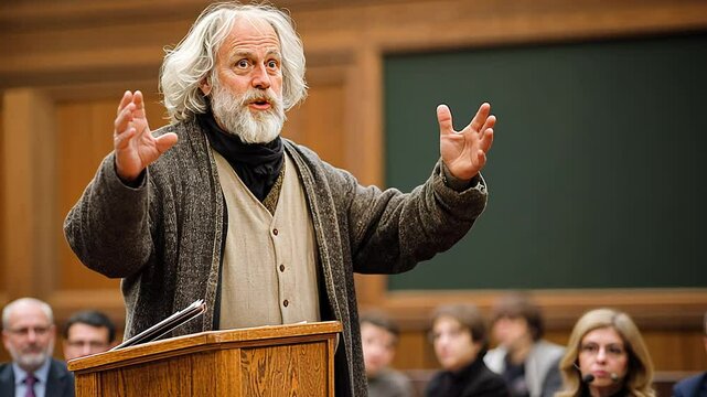A knowledgeable speaker captivates an attentive audience with compelling insights into historical themes while standing at a wooden podium in an academic environment.