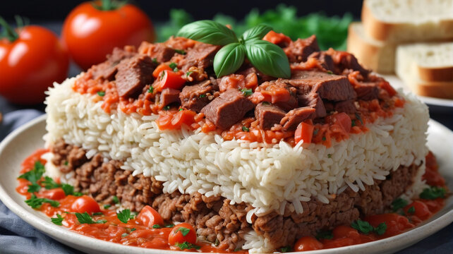 Discover the taste of Egyptian fattah, layers of bread, rice, and meat with a garlicky tomato sauce, Generative AI