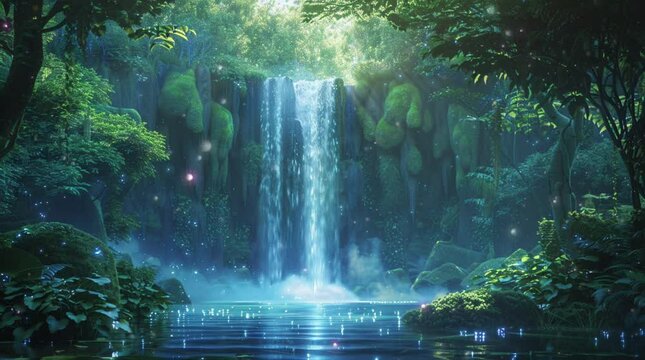 Magical fantasy waterfall glowing under the moonlight, creating an enchanting night scene in a mystical landscape
 Seamless looping 4k time-lapse virtual video animation Generated AI