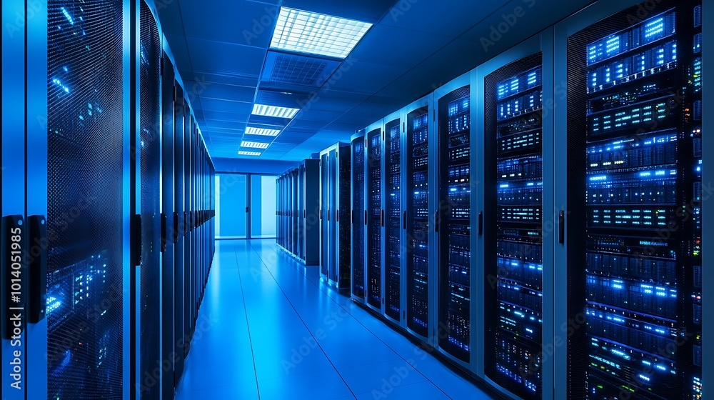 Poster A long hallway inside a data center, with rows of server racks and a blue light illuminating the space.