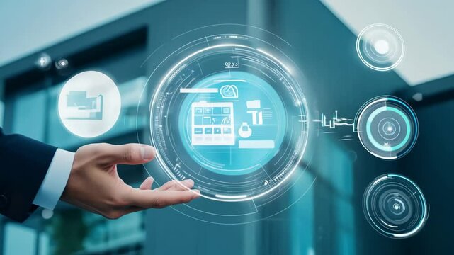 Smart home UI control center alarm system security suburban house apartment exterior cottage technology modern futuristic user interface interaction app device remote rich safety screen AI monitor