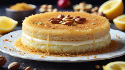 Treat yourself to kunafa, a delicate pastry filled with cream or nuts and soaked in syrup, Generative AI
