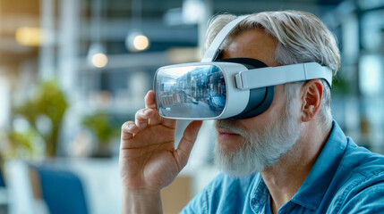 An elderly man exploring virtual reality using a headset in a modern cafe environment during daytime hours
