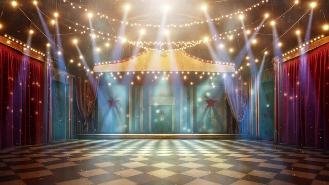 Bright circus stage with dramatic red curtains and vibrant lights, creating a lively and festive atmosphere