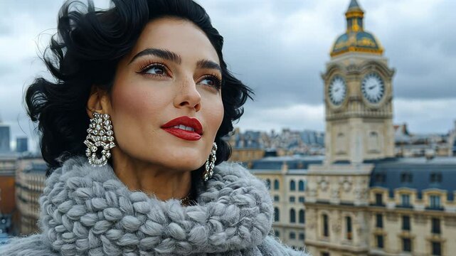 A stylish model showcases her chic outfit while standing against a stunning Parisian skyline, featuring historical architecture and a clock tower.