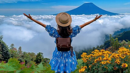 A woman stands on a hillside, arms wide open, embracing the breathtaking view of a majestic mountain rising above a sea of clouds, surrounded by colorful flowers.