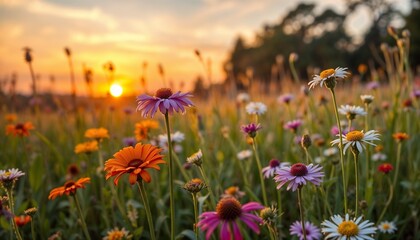 A field of wildflowers at sunset