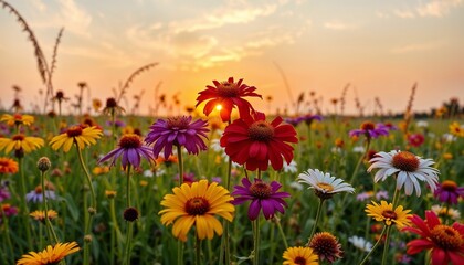 Fototapeta premium A field of wildflowers at sunset