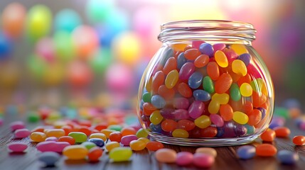 A glass candy jar overflowing with bright jellybeans in assorted vibrant colors.