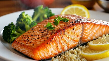 A perfectly grilled salmon fillet served alongside fluffy quinoa and steamed broccoli, enhanced with a drizzle of lemon juice for a refreshing flavor.