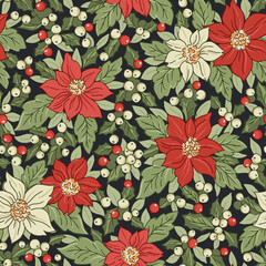 Retro Christmas Poinsettia and Holly Berries Vector Seamless Pattern. Festive Flowers and Evergreen Greenery Arrangement. Winter Holidays Botanical Print. Nostalgic Holiday Spirit.