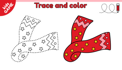 Kids educational game Tracing lines. Cartoon winter scarf. Trace and color. Handwriting practice worksheet for children education. Writing and coloring page. Baby vector illustration of winter clothes