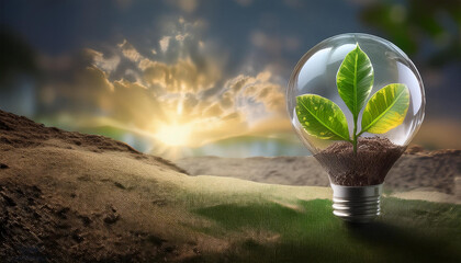 Green leaves in glass bulb on background of nature. Eco-friendly banner for environmental protection