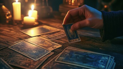  Mystic scene with Tarot cards and candles, Tarot card reading scene, close up