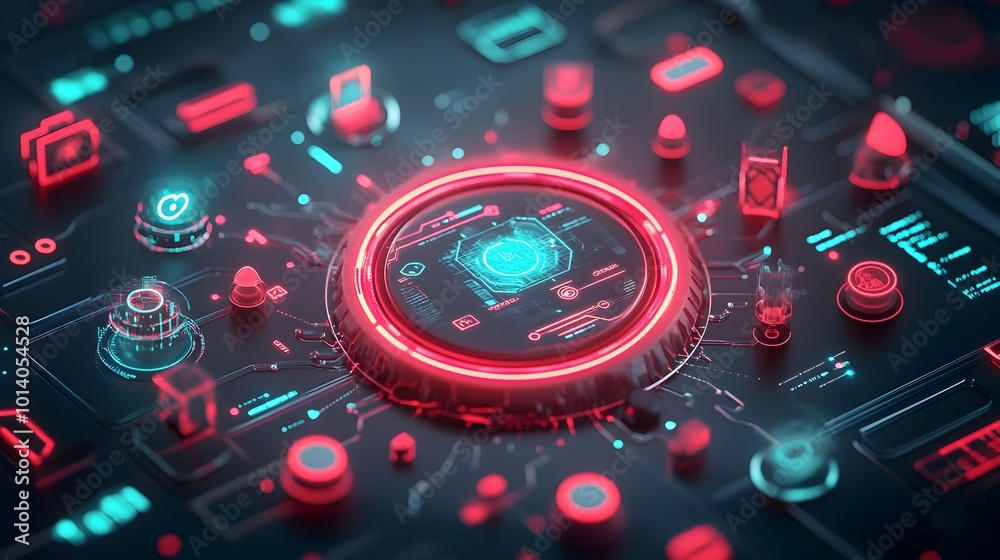 Poster futuristic digital backdrop featuring a vibrant fusion of technological icons binary code holographi