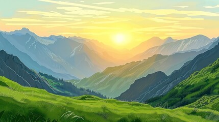 A serene mountain landscape at sunrise, showcasing lush greenery and rolling hills under a colorful sky.