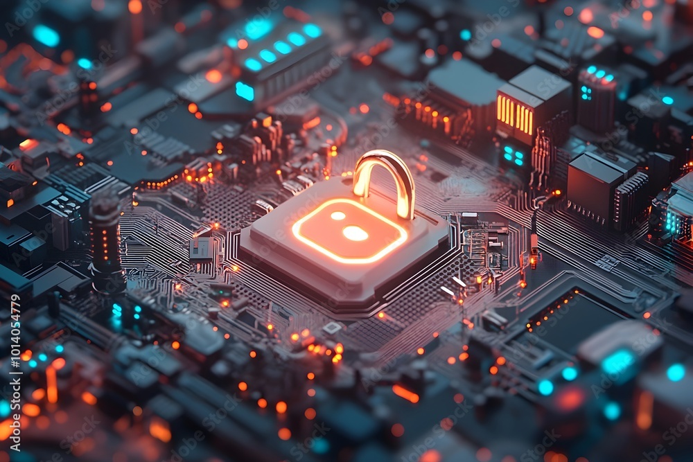 Poster encrypted digital frontier with luminescent padlock icon on virtual map and integrated circuit patte