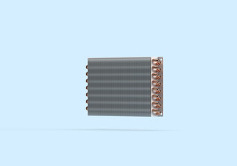 Aluminum radiator with copper tubes. 3d render on the topic of service, repair, spare parts, equipment.  Blue background.