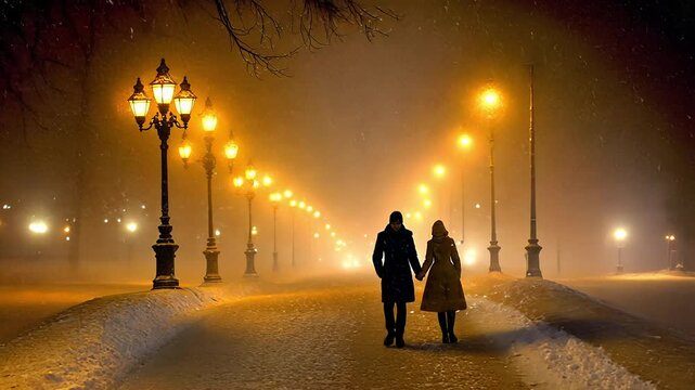 A couple strolls romantically through a snowy park, hand in hand, surrounded by softly glowing street lamps and falling snowflakes.