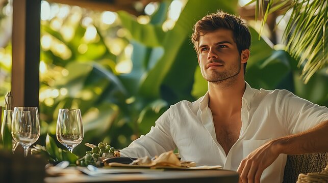 A handsome young individual sitting comfortably at a luxurious outdoor dining table, with lush greenery in the background.