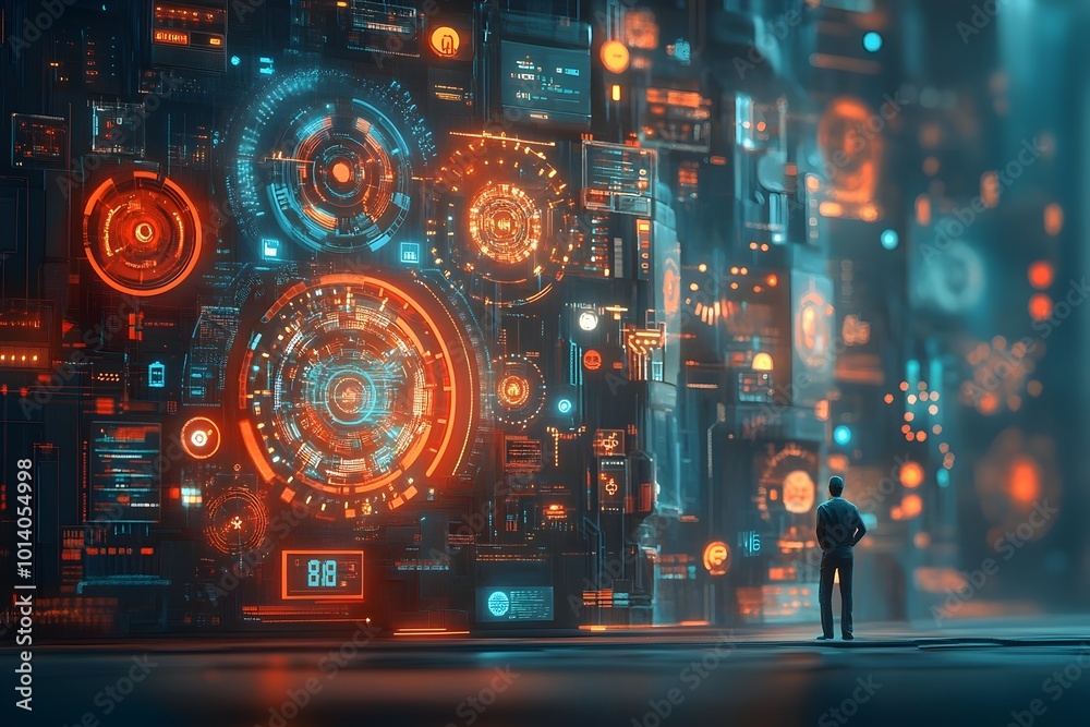 Poster futuristic digital control room with pulsing quantum processors intricate microchip lattices and com
