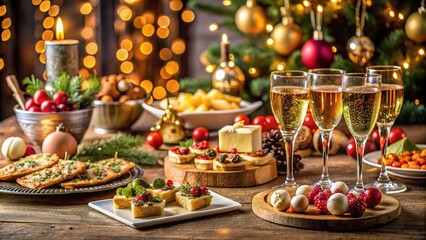A festive New Year\'s Eve party spread featuring appetizing snacks and champagne glasses amidst holiday decorations