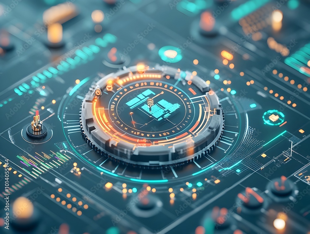 Poster close up examination of a sophisticated blue digital market trading interface meticulously analyzing