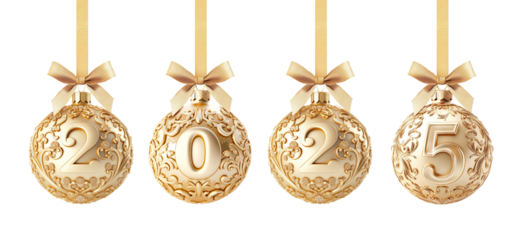 Golden Baubles with Number 2025 New Year Hanging on Ribbon Bow Isolated on White and Png Transparent Background