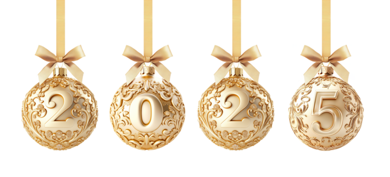 Golden Baubles with Number 2025 New Year Hanging on Ribbon Bow Isolated on White and Png Transparent Background