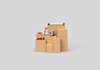 Car parts and boxes. Turbine, brake discs, brake caliper, stabilizer bars, springs, radiator with red elements. 3d render on the topic of auto parts, car service, car shop and tuning. Grey background.