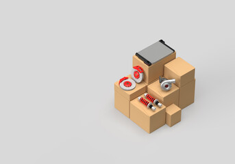Car parts and boxes. Turbine, brake discs, brake caliper, stabilizer bars, springs, radiator with red elements. 3d render on the topic of auto parts, car service, car shop and tuning. Grey background.