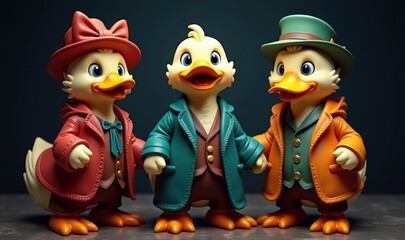 Obraz premium A charming trio of whimsical duck figurines in vibrant attire, perfect for children's product promotions, animation, or playful branding elements.