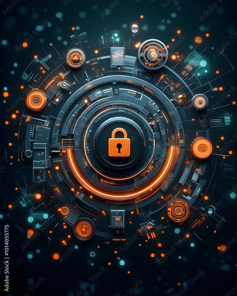 Poster secure cloud computing with padlock icon on abstract data sphere precision engineered components and