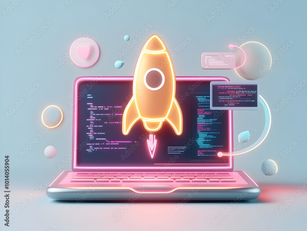 Poster conceptual 3d rendering showcasing a startup s innovative technological breakthrough a dynamic lapto
