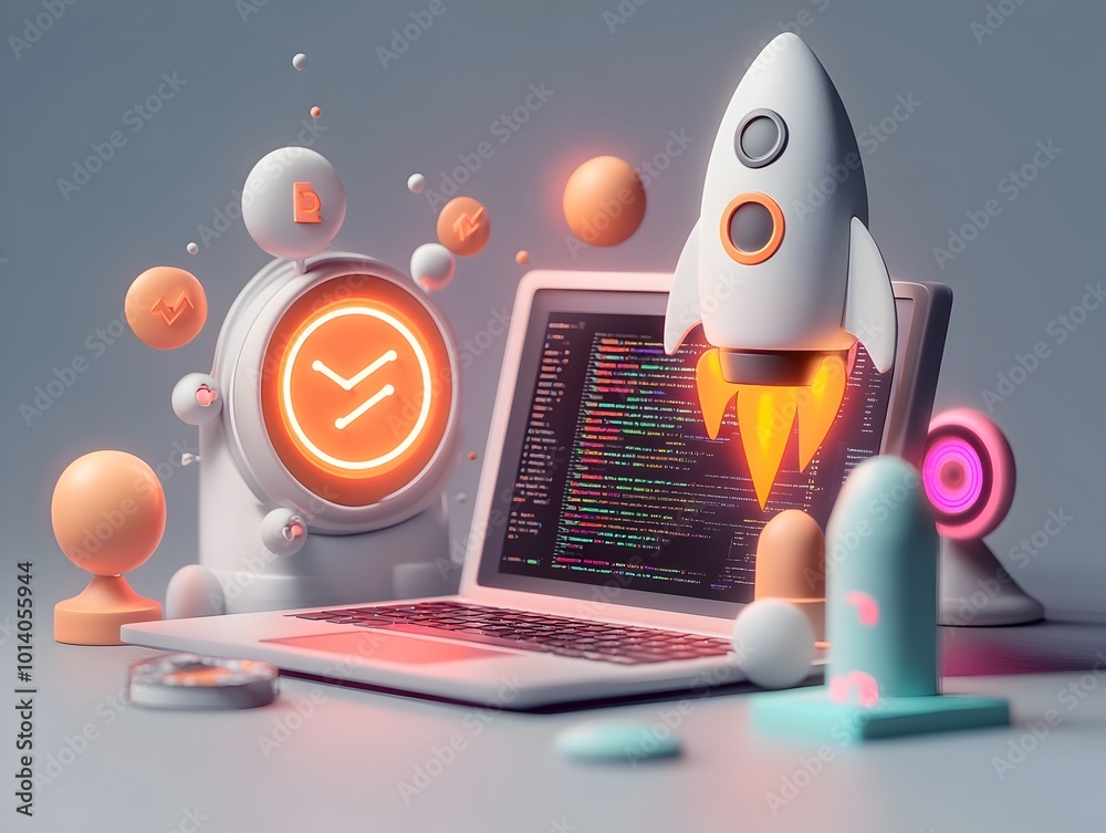 Poster 3d scene depicting the core elements of a cutting edge startup including a modern laptop stylized ro