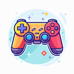 A cartoon style video game controller with a red button and a blue one. The controller is orange and yellow