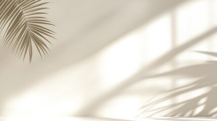 Obraz premium Elegant Minimalist Background Featuring Light Beige Tones and Subtle Shadows, with a Blurred Palm Leaf Silhouette in the Upper Left Corner Against a White Wall, Perfect for Design and Presentation Use