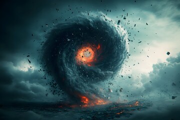 Fototapeta premium Highly depiction of a colossal tornado plummeting from the roiling ominous heavens with a majestic spiraling vortex of intense winds and debris shot from a low