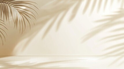 Obraz premium Elegant Minimalist Background Featuring Light Beige Tones and Subtle Shadows, with a Blurred Palm Leaf Silhouette in the Upper Left Corner Against a White Wall, Perfect for Design and Presentation Use