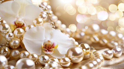 A close-up of elegant pearls and a white orchid, creating a luxurious and serene atmosphere with a soft bokeh background.