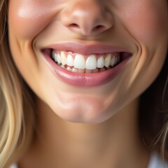 Fototapeta premium A close-up of a smiling woman showcasing bright, healthy teeth, perfect for dental, health, beauty, and lifestyle promotions.