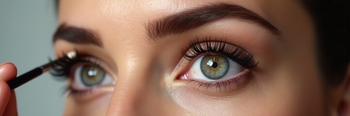 Close-up of a woman applying makeup, focusing on her expressive eyes with perfectly groomed lashes and brows, showcasing beauty and self-care.
