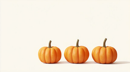 Three Halloween pumpkins arranged in a row on a white background, featuring carved faces and vibrant orange color, creating a simple yet festive and spooky atmosphere.