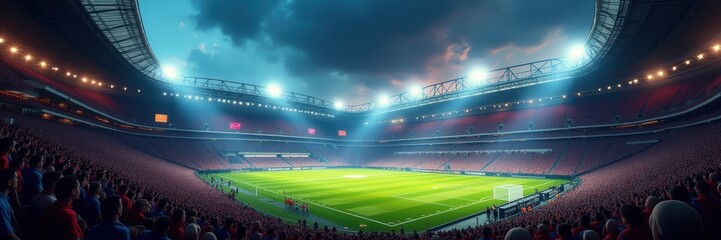 A vibrant, panoramic view of a football stadium filled with cheering fans and illuminated by bright lights, perfect for sports marketing and event promotions.